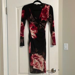 Le Chateau long sleeve cocktail dress. Black with red flowers